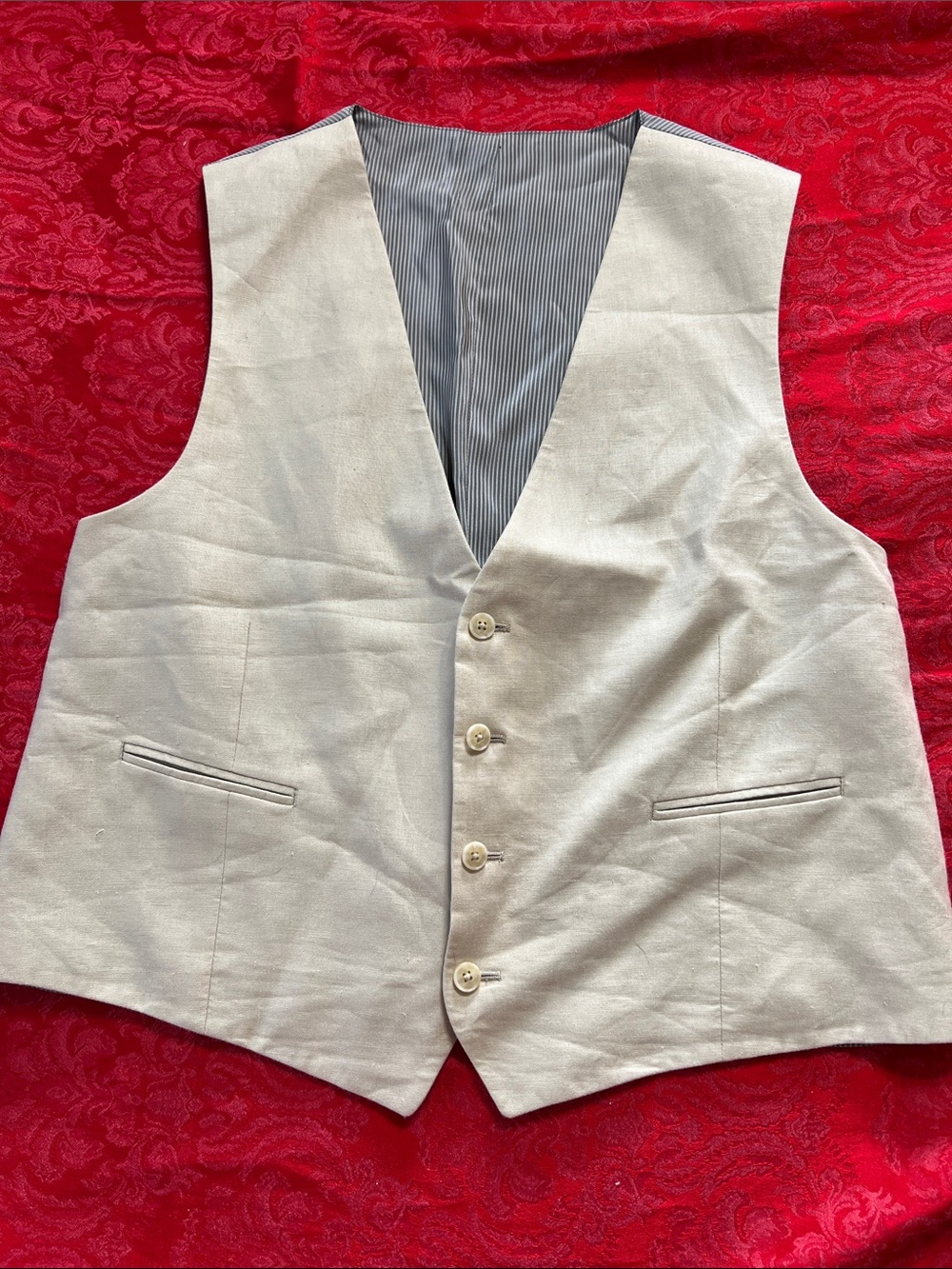 Classic Cream 100% Linen Vest Men's L Adjustable Back Button Front